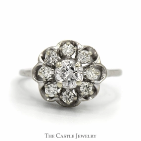 1cttw 9 Diamond Flower Cluster Ring in 14k White Gold Scalloped Mounting Romantic Product Group Identity