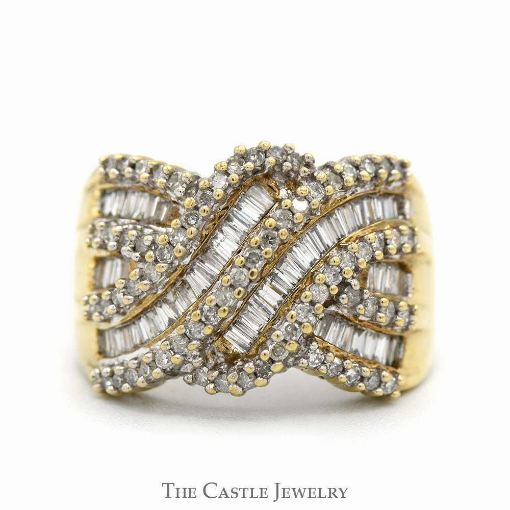 1cttw Baguette and Round Diamond Interwoven Cluster Bypass Ring in 10k Yellow Gold Shiny Accessory Compact Design