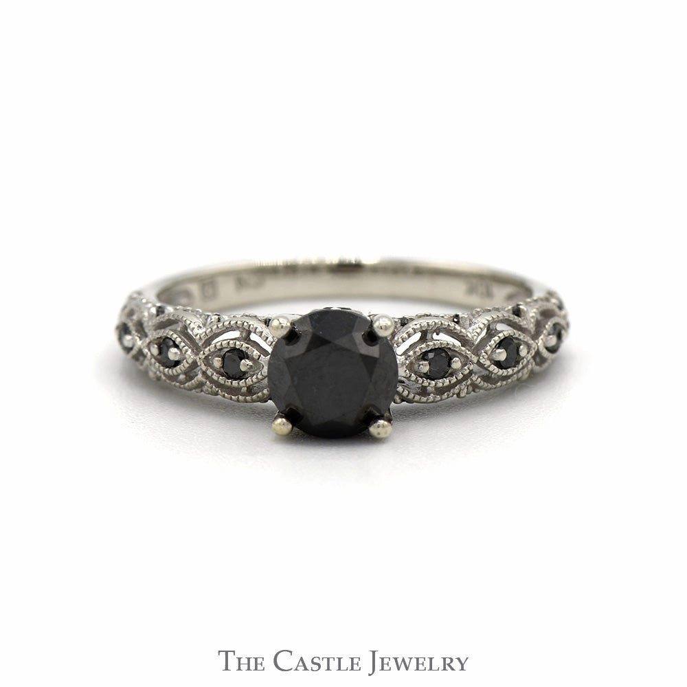Cute Present 1cttw Black Diamond Engagement Ring with Diamond Accented Sides in 10k White Gold