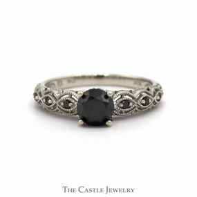 Cute Present 1cttw Black Diamond Engagement Ring with Diamond Accented Sides in 10k White Gold