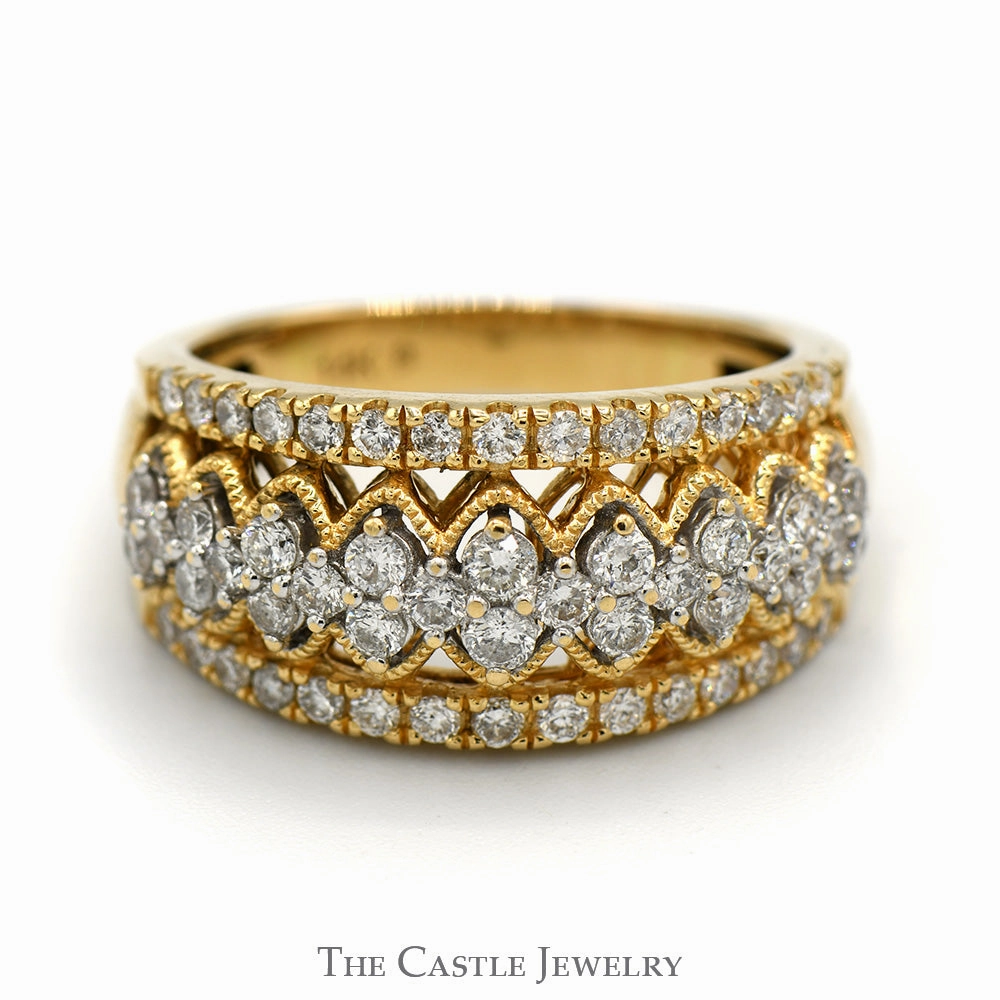 Bright Look Beautiful Statement 1cttw Diamond Cluster Band with Intricate Open Design in 14k Yellow Gold