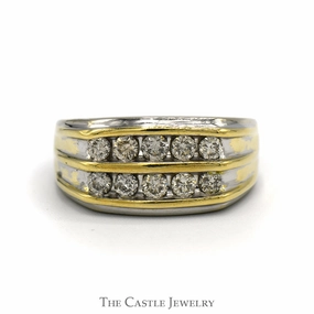 Robust Look 1cttw Double Row Round Nick Set Diamond Men's Ring in 10k White & Yellow Gold