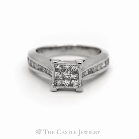 Modern Symbol 1cttw Invisible Set Diamond Engagement Ring with Channel Set Diamond Accents in 10k White Gold