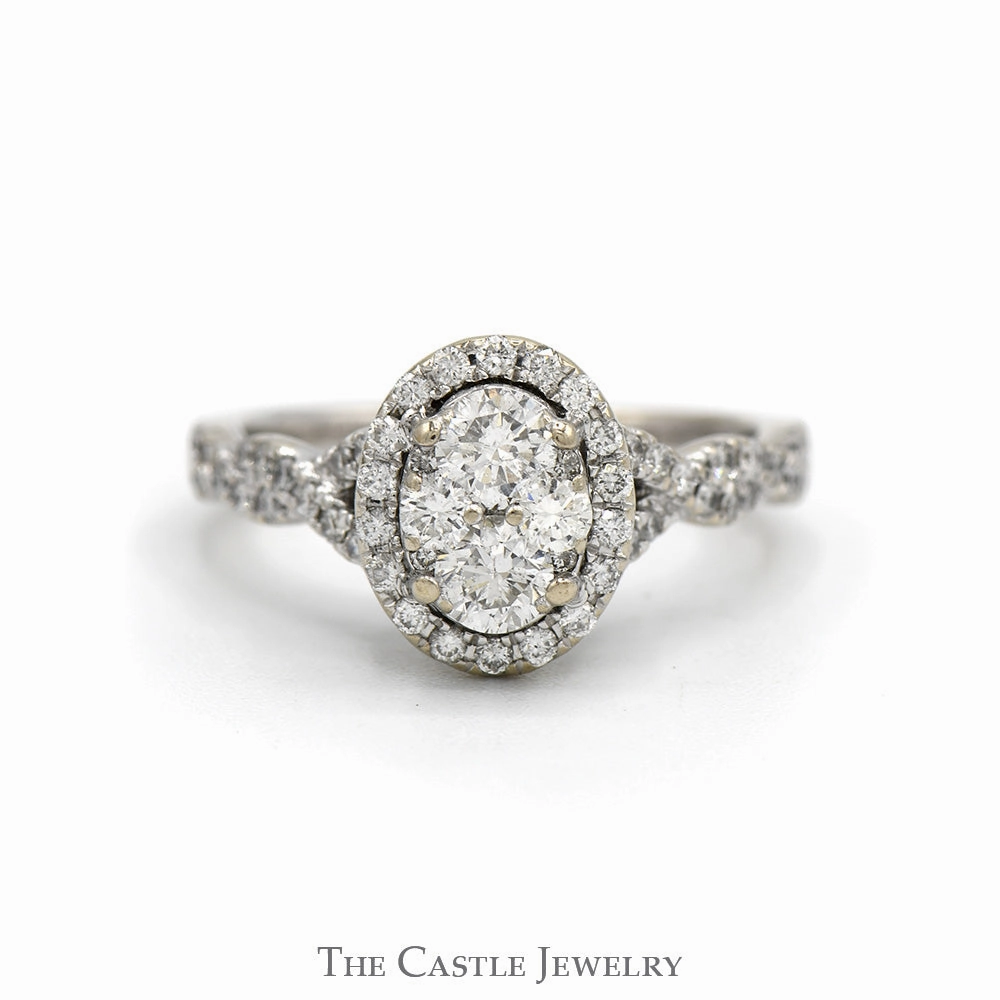 1cttw Oval Shaped Diamond Cluster Engagement Ring with Diamond Halo and Accented Twisted Sides in 14k White Gold Strong Adornment