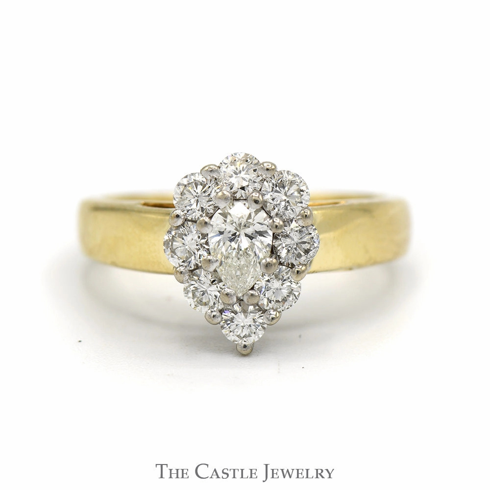 1cttw Pear Cut Diamond Ring with Diamond Halo in 14k Yellow Gold Cathedral Mounting Signature Piece