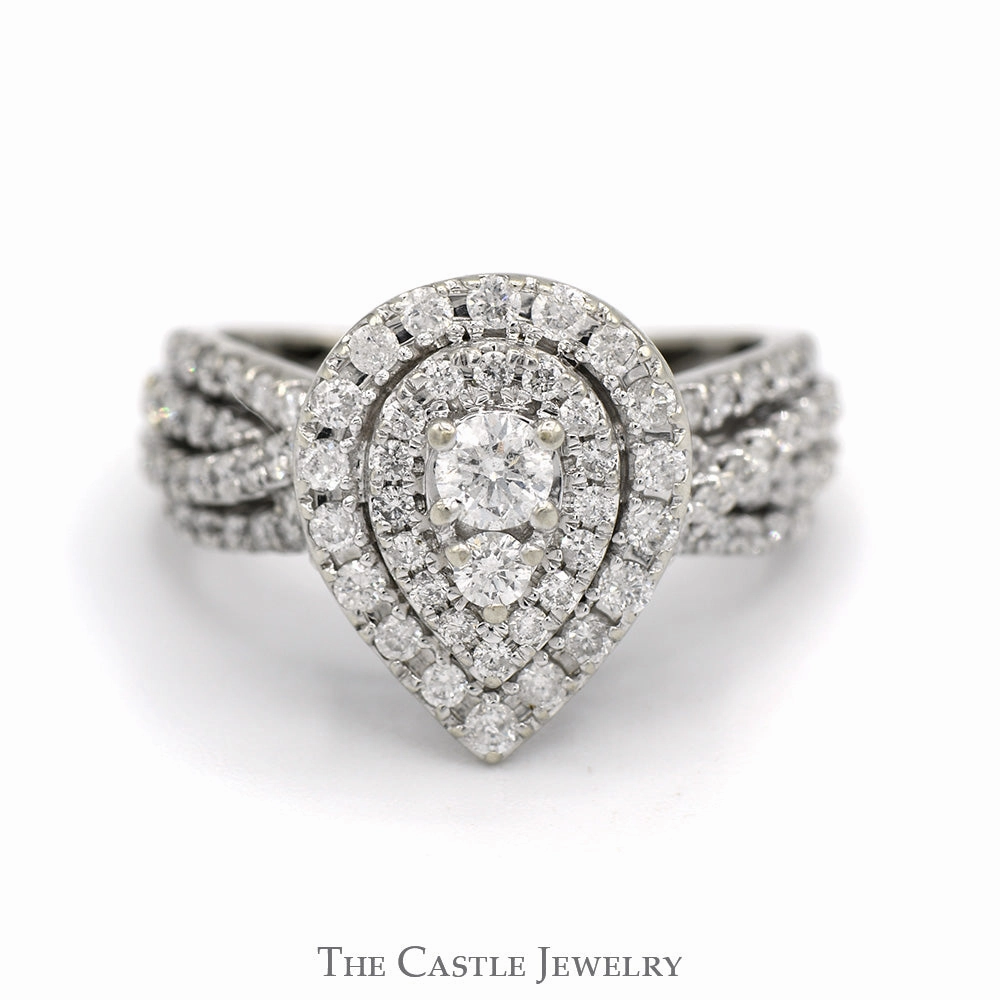 1cttw Pear Shaped Diamond Cluster Ring with Diamond Accented Twisted Sides in 14k White Gold Secure Work