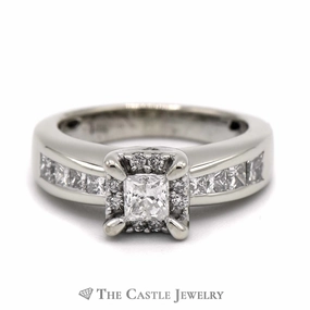 1cttw Princess Cut Diamond Engagement with Round Diamond Halo & Side Accents in 14k White Gold Artistic Design