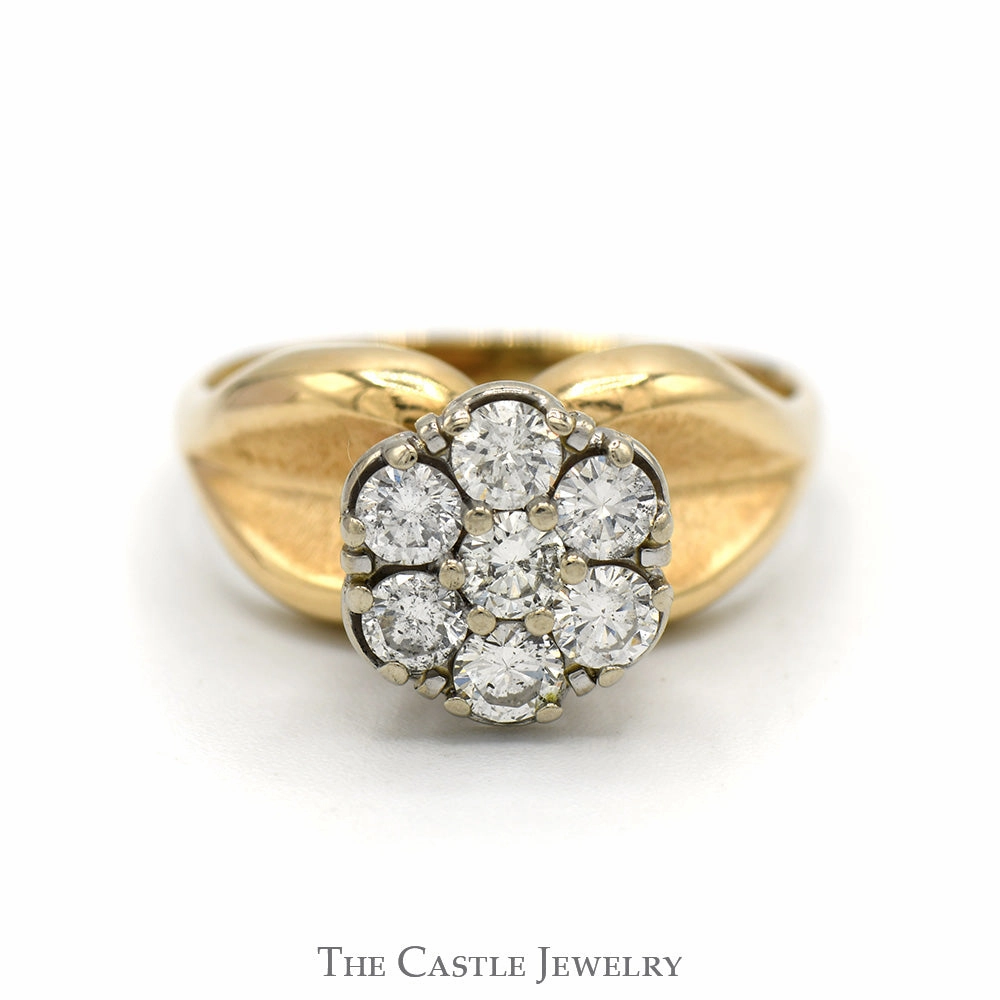 1cttw Round 7 Diamond Cluster Ring with Brushed Concaved Sides in 14k Yellow Gold Exquisite Adornment