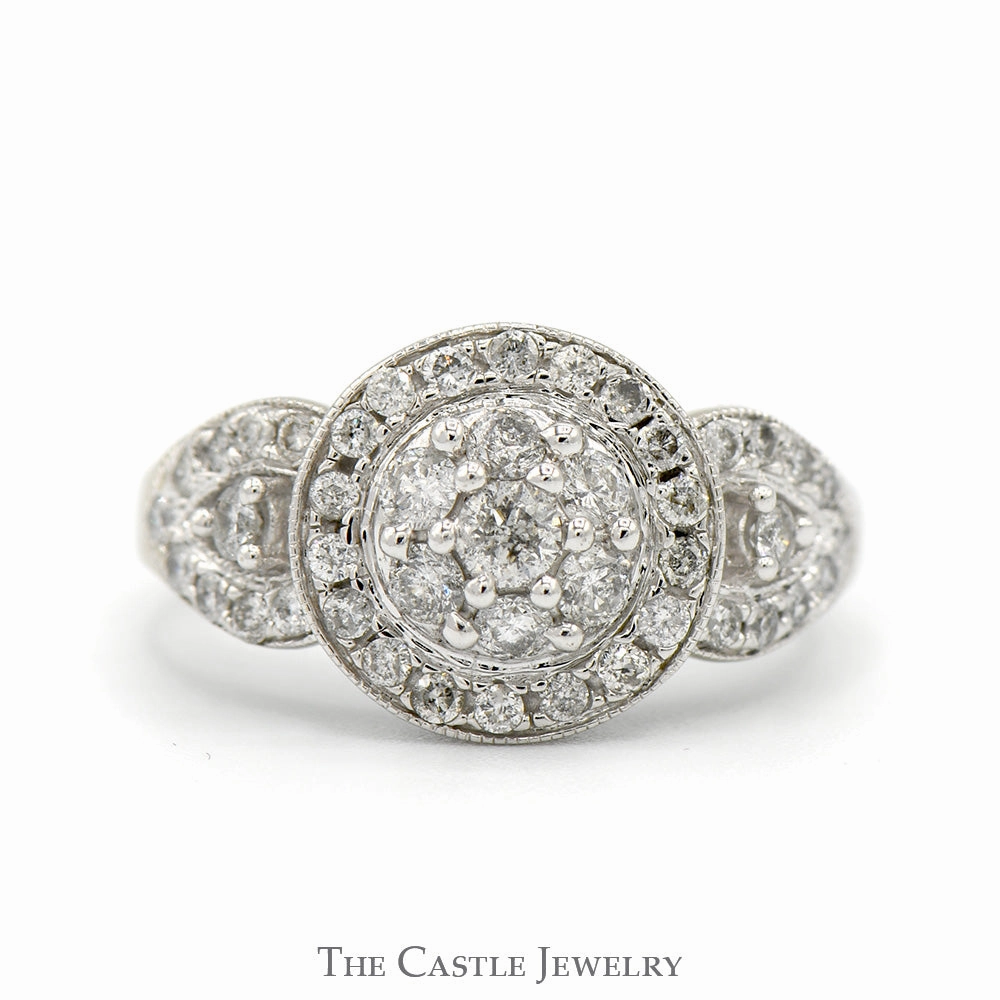 1cttw Round Diamond Cluster Ring with Diamond Bezel and Accented Split Shank Sides in 10k White Gold Graceful Contour
