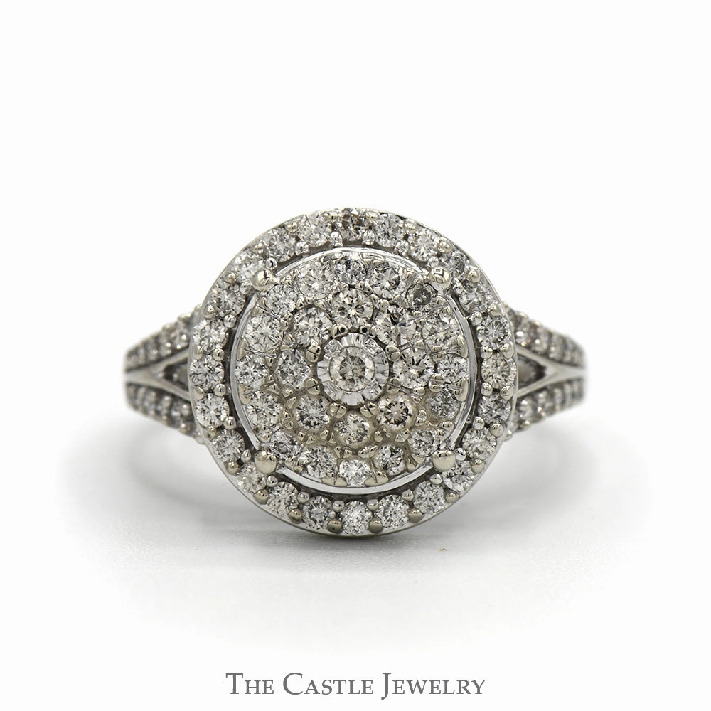 1cttw Round Diamond Cluster Ring with Diamond Halos & Accented Sides in 10k White Gold Split Shank Setting Designer Jewelry