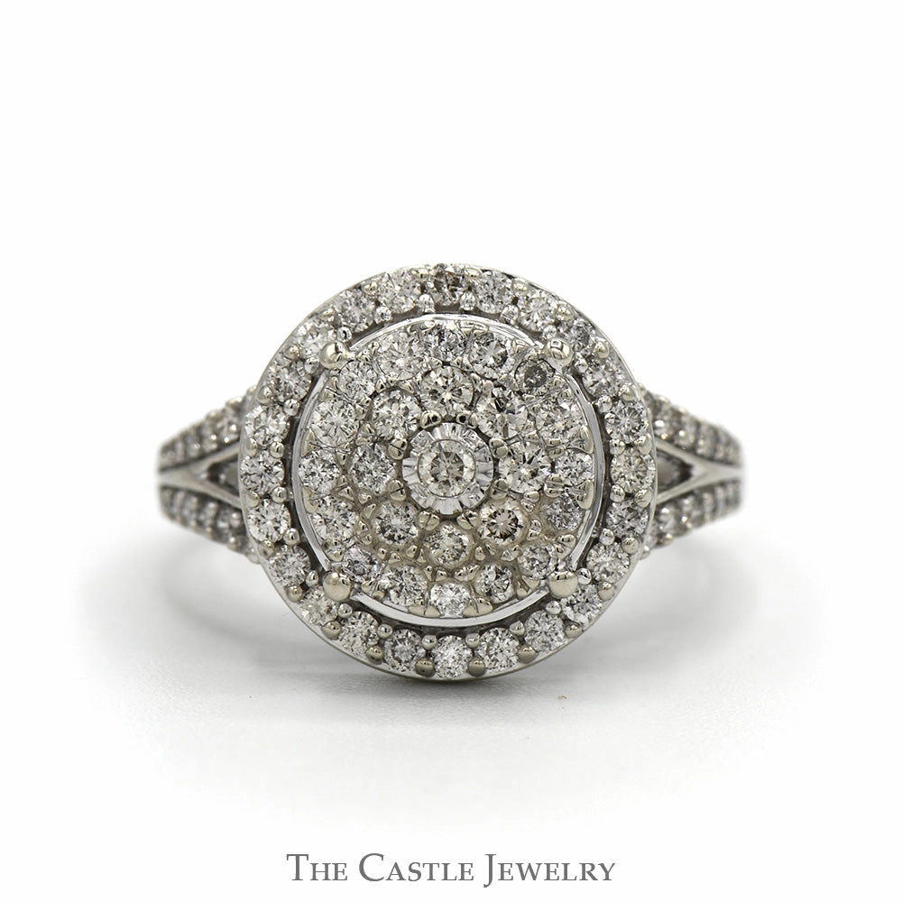 Glamorous Article Understated Glimmer 1cttw Round Diamond Cluster Ring with Diamond Halos & Accented Sides in 10k White Gold Split Shank Setting