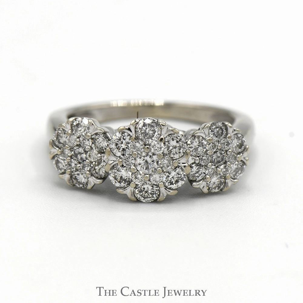 1cttw Triple Round Diamond Cluster Ring in 10k White Gold Contemporary Sign Amazing Design