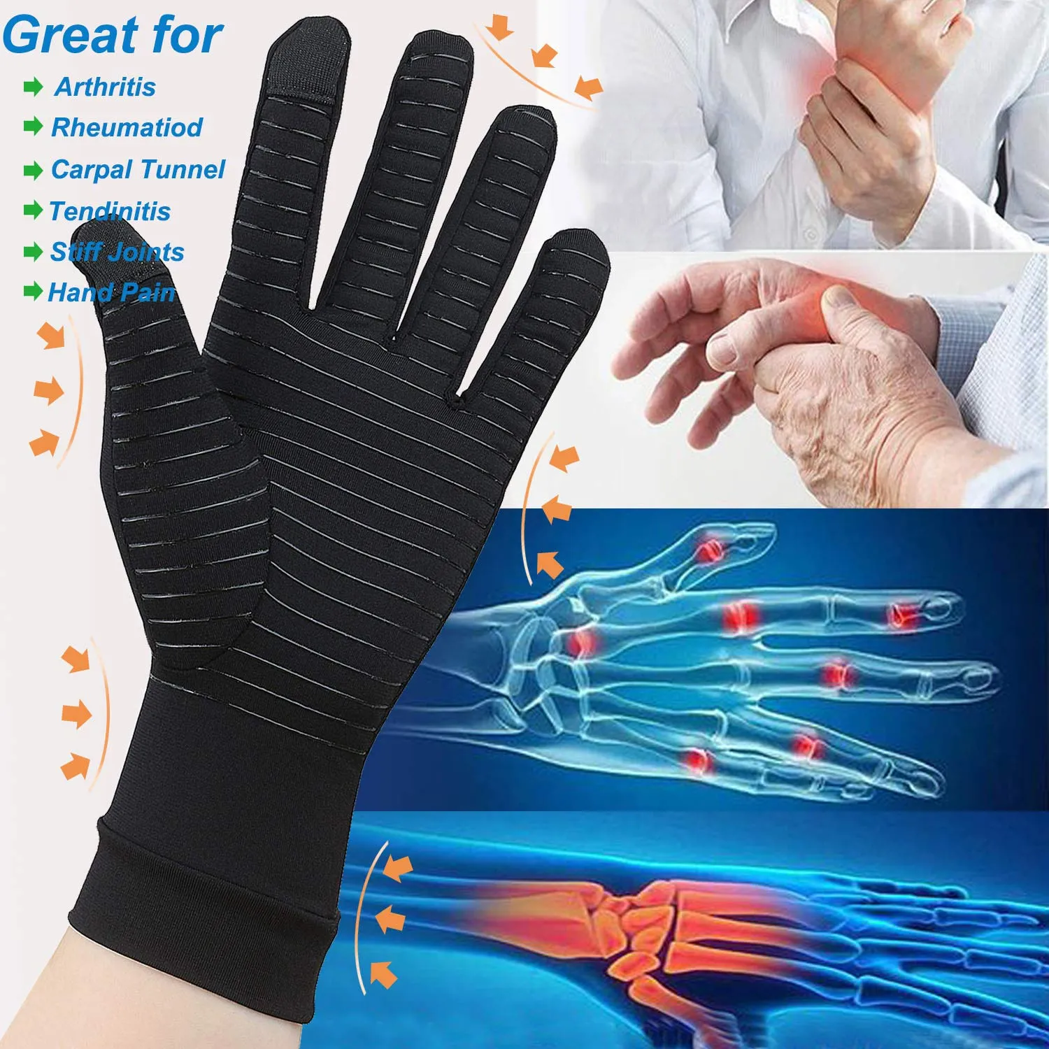 2 Pairs Copper Arthritis Gloves, Touch Screen Compression Gloves for Men Women, Full Finger Carpal Tunnel Glove for Typing, Hand Pain, RSI, Support Wrist and Hand Joint (Black, Medium (2 Pairs)) Black Medium (2 Pair)