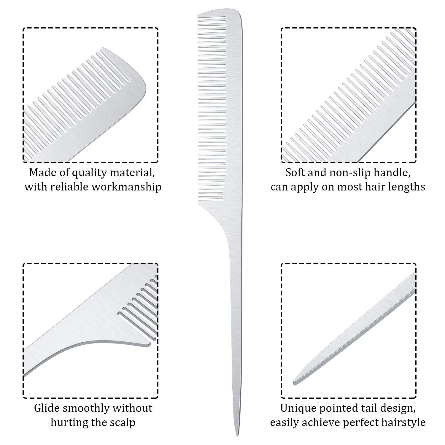 2 Pieces Metal Tail Combs Silver Rat Tail Hair Combs Fine Cutting Comb Teasing Pintail Barber Comb Stainless Steel Hair Styling Cutting Comb (Rat Tail)