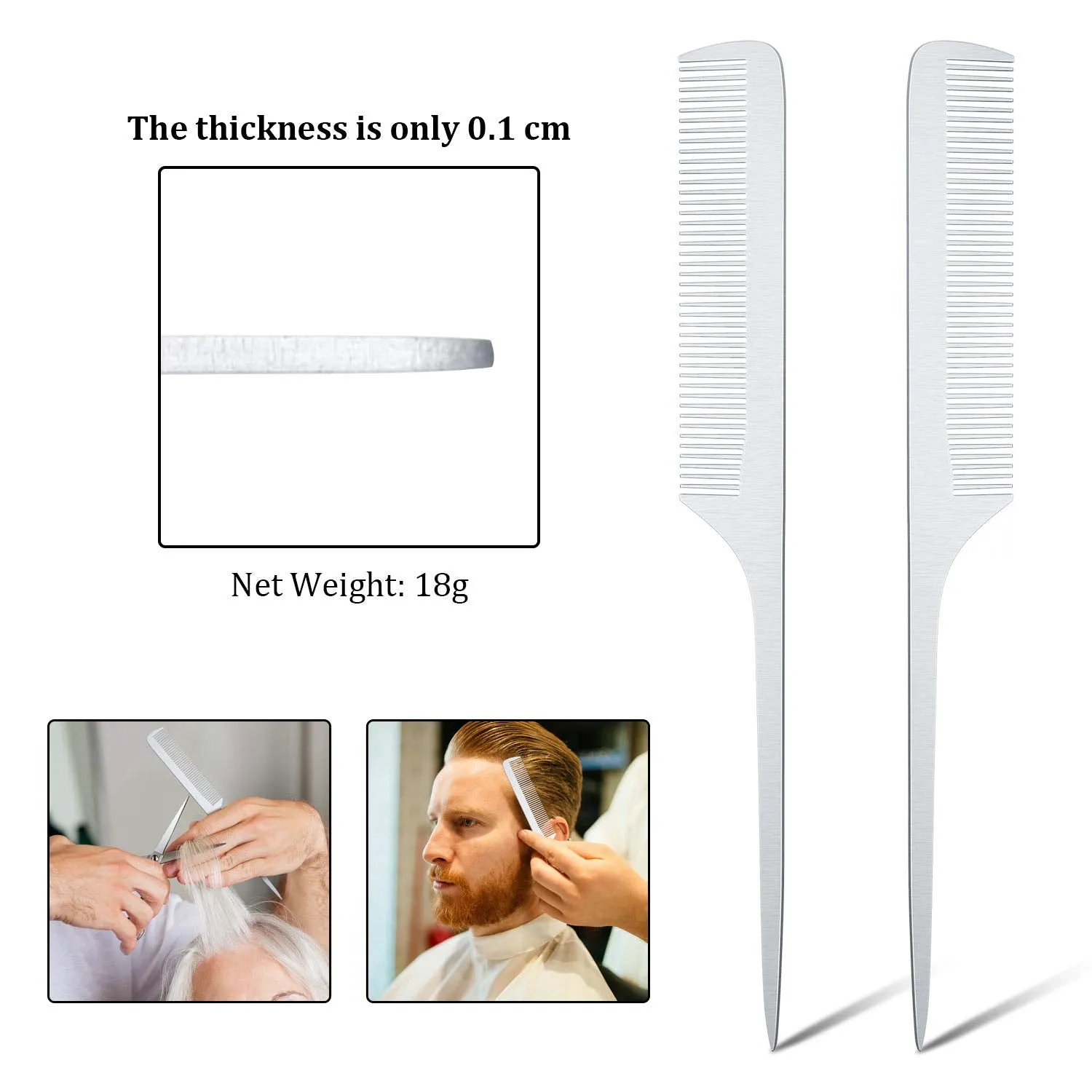 2 Pieces Metal Tail Combs Silver Rat Tail Hair Combs Fine Cutting Comb Teasing Pintail Barber Comb Stainless Steel Hair Styling Cutting Comb (Rat Tail)