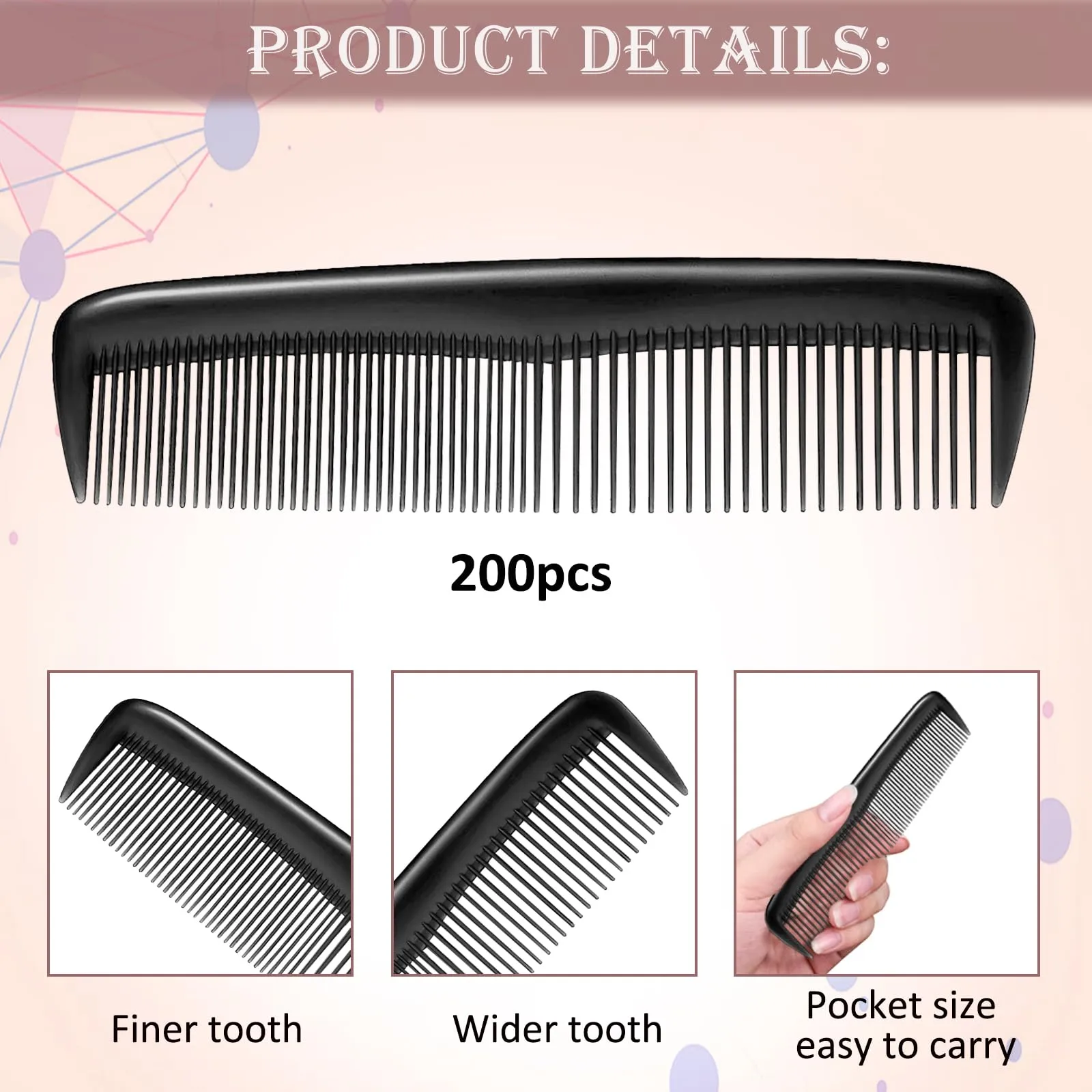 200 Aiofaervy Hair Combs in Bulk, Individually Wrapped 5 Inch Black Travel and Styling Combs for Women, Beard Combs for Men and Barber Supplies