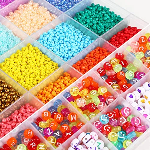 20000Pcs Glass Seed Beads, WOHOOW 2mm 24 Colors 12/0 Beads for Jewelry Making Kit, Small Glass Bead Craft Set 900Pcs Alphabet Beads and 100Pcs Smiley Beads for Bracelets Earrings Ring Necklaces Making