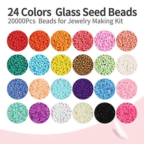 20000Pcs Glass Seed Beads, WOHOOW 2mm 24 Colors 12/0 Beads for Jewelry Making Kit, Small Glass Bead Craft Set 900Pcs Alphabet Beads and 100Pcs Smiley Beads for Bracelets Earrings Ring Necklaces Making