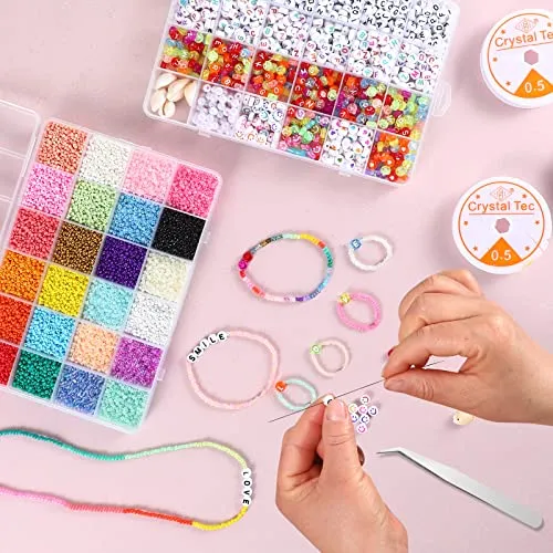 20000Pcs Glass Seed Beads, WOHOOW 2mm 24 Colors 12/0 Beads for Jewelry Making Kit, Small Glass Bead Craft Set 900Pcs Alphabet Beads and 100Pcs Smiley Beads for Bracelets Earrings Ring Necklaces Making