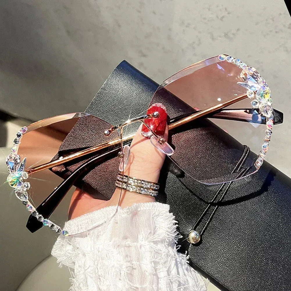 2024 Luxury Brand Design Vintage Rimless Rhinestone Sunglasses.
