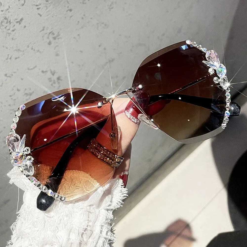 2024 Luxury Brand Design Vintage Rimless Rhinestone Sunglasses.