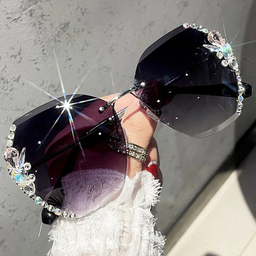 2024 Luxury Brand Design Vintage Rimless Rhinestone Sunglasses.