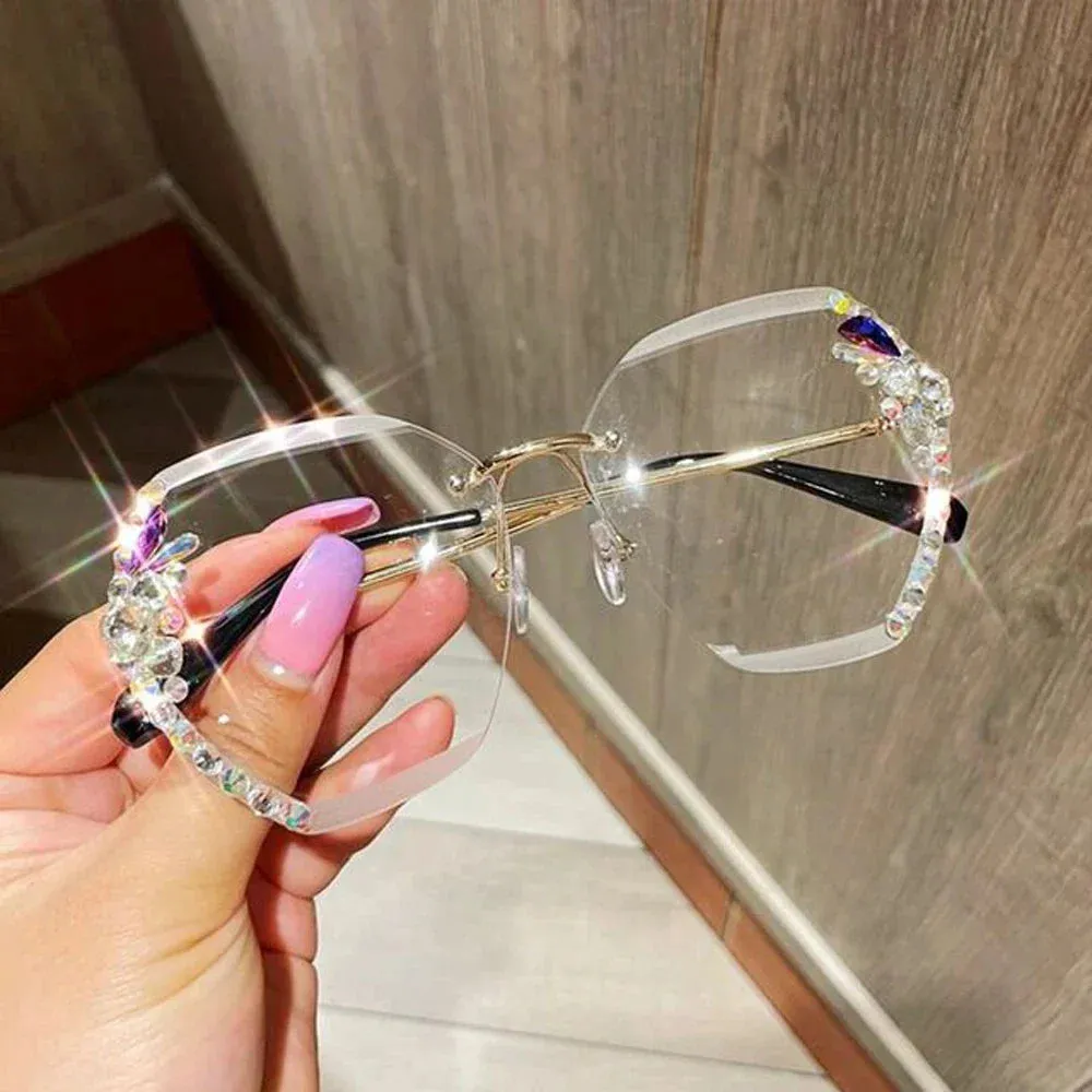 2024 Luxury Brand Design Vintage Rimless Rhinestone Sunglasses.