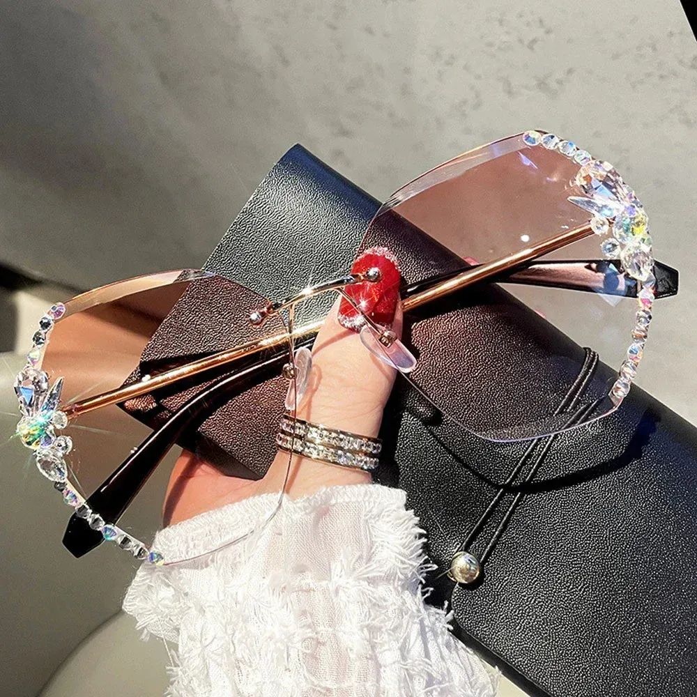 2024 Luxury Brand Design Vintage Rimless Rhinestone Sunglasses.