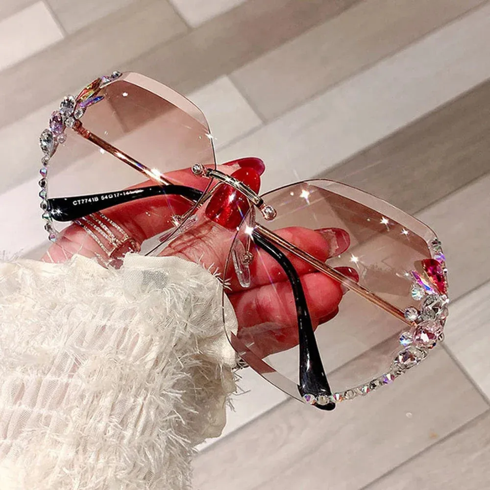 2024 Luxury Brand Design Vintage Rimless Rhinestone Sunglasses.