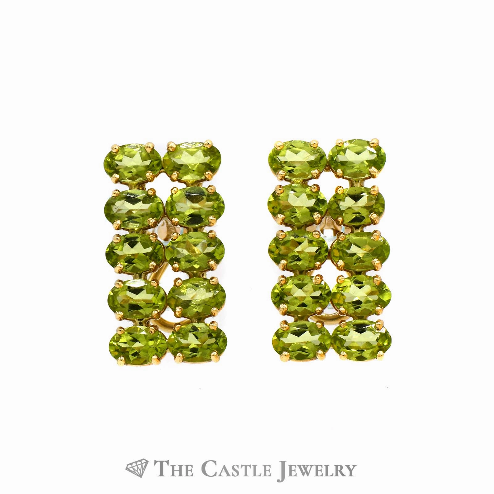 Lightweight accessory Futuristic Piece 20 Stone Double Row Peridot Leverback Earrings in 14k Yellow Gold