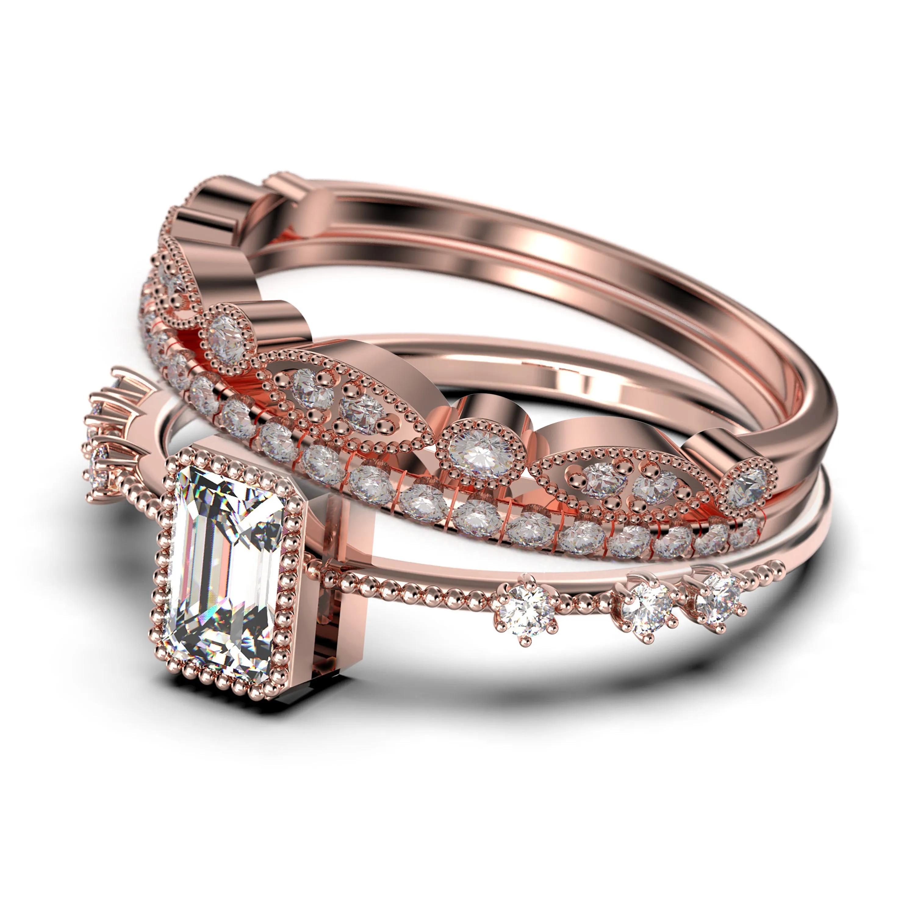 2.25 Carat Emerald
 Cut Diamond Moissanite Thin Engagement Ring, Slim Wedding Ring in 925 Sterling Silver With 18k White Gold
 Plating  Trio Rings Set, Promise Ring, Anniversary Ring