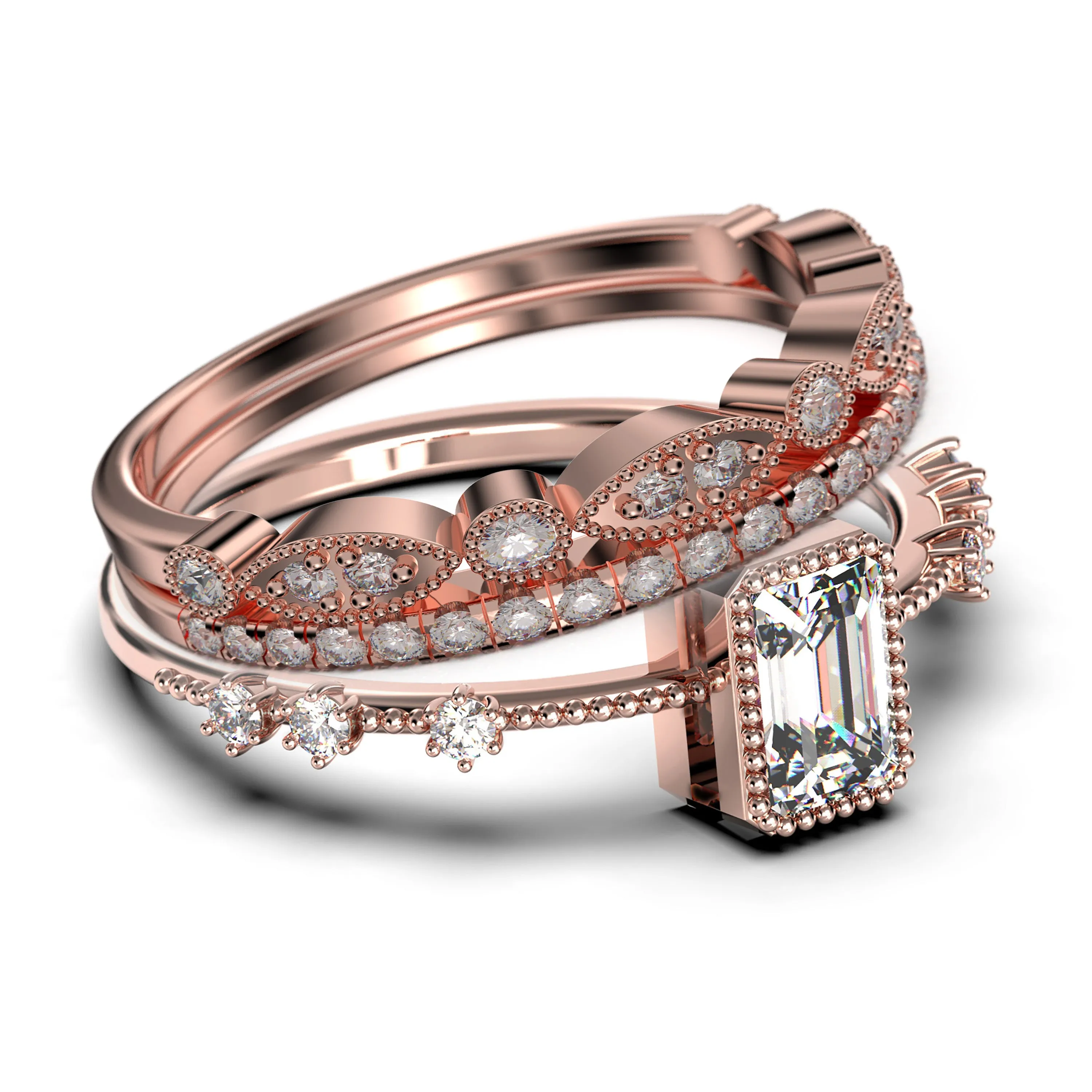 2.25 Carat Emerald
 Cut Diamond Moissanite Thin Engagement Ring, Slim Wedding Ring in 925 Sterling Silver With 18k White Gold
 Plating  Trio Rings Set, Promise Ring, Anniversary Ring