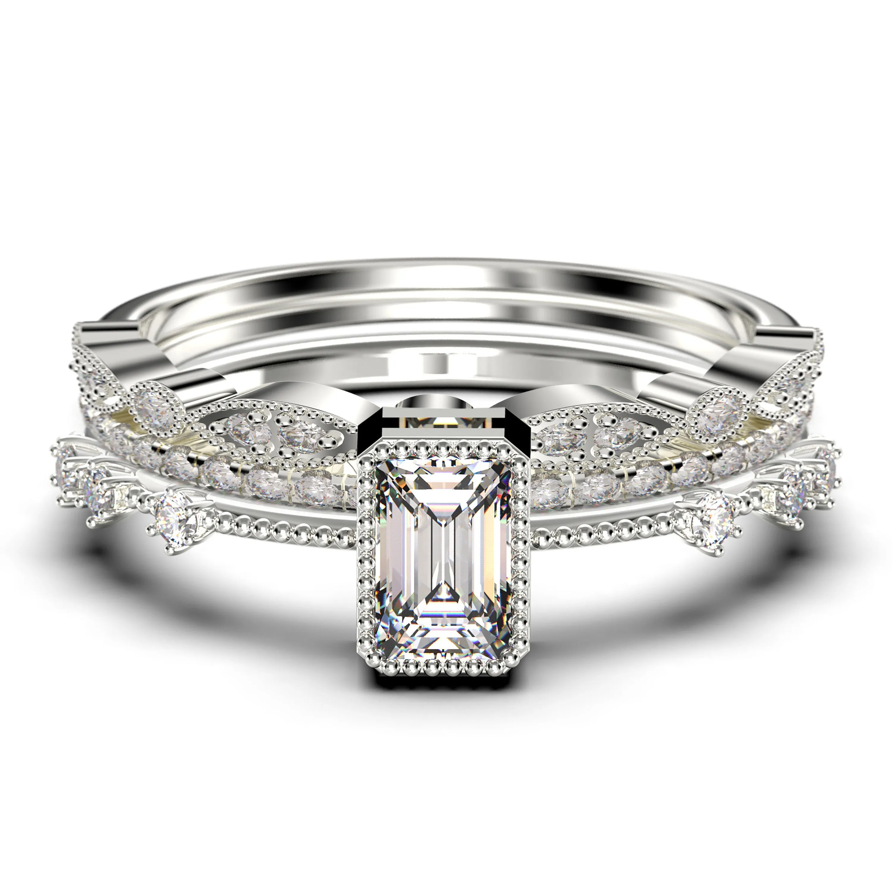 2.25 Carat Emerald
 Cut Diamond Moissanite Thin Engagement Ring, Slim Wedding Ring in 925 Sterling Silver With 18k White Gold
 Plating  Trio Rings Set, Promise Ring, Anniversary Ring