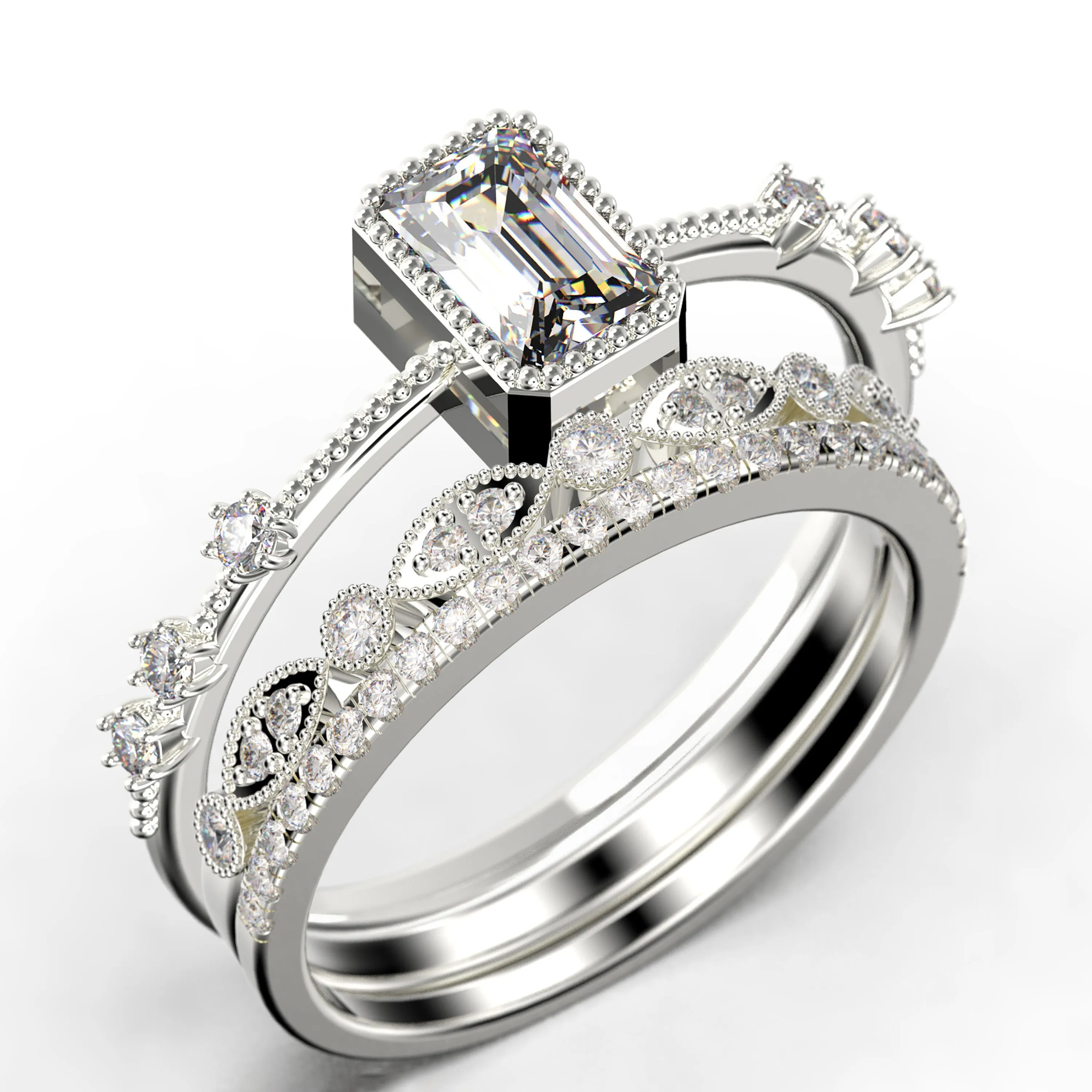 2.25 Carat Emerald
 Cut Diamond Moissanite Thin Engagement Ring, Slim Wedding Ring in 925 Sterling Silver With 18k White Gold
 Plating  Trio Rings Set, Promise Ring, Anniversary Ring