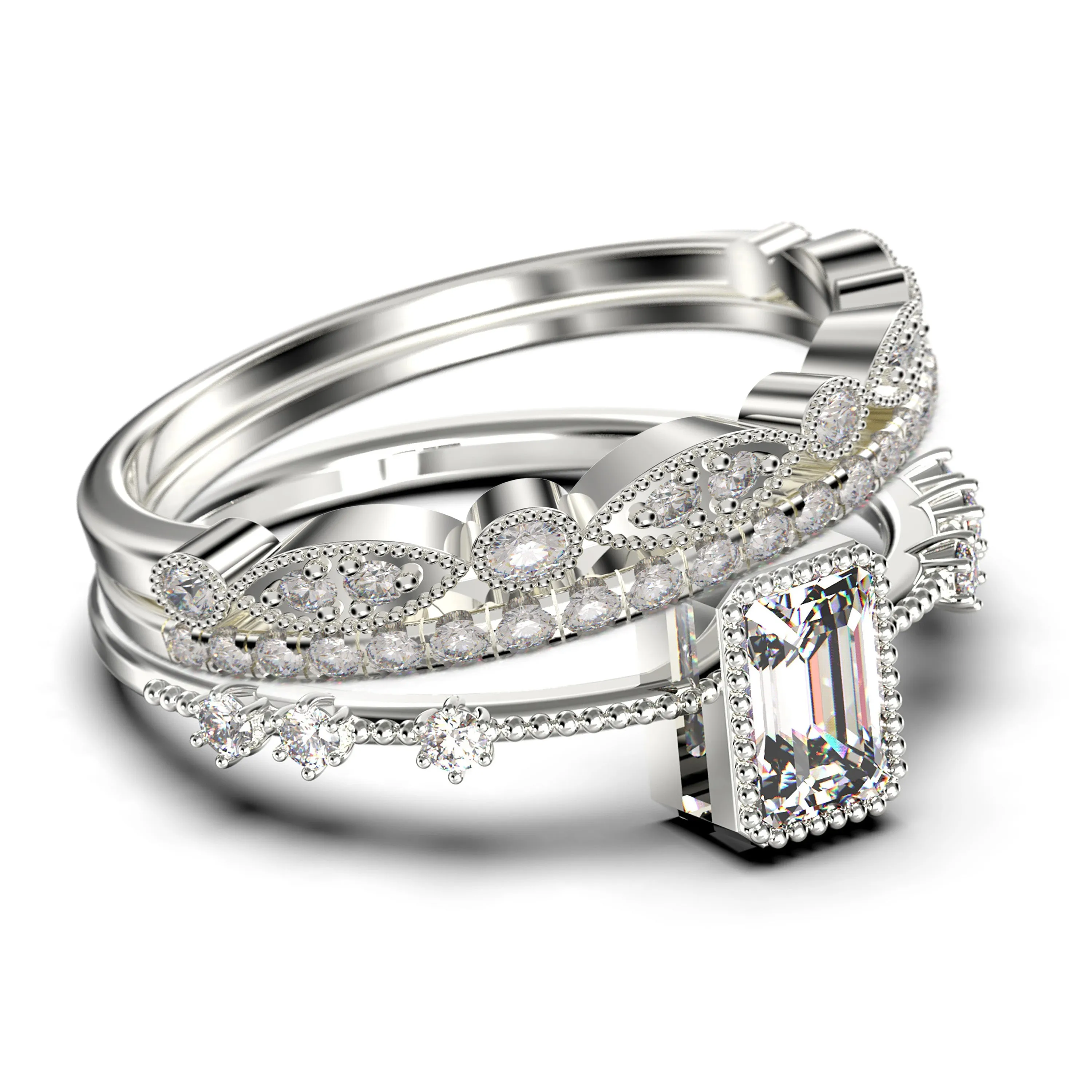 2.25 Carat Emerald
 Cut Diamond Moissanite Thin Engagement Ring, Slim Wedding Ring in 925 Sterling Silver With 18k White Gold
 Plating  Trio Rings Set, Promise Ring, Anniversary Ring