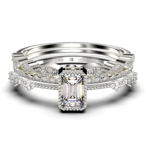 2.25 Carat Emerald
 Cut Diamond Moissanite Thin Engagement Ring, Slim Wedding Ring in 925 Sterling Silver With 18k White Gold
 Plating  Trio Rings Set, Promise Ring, Anniversary Ring