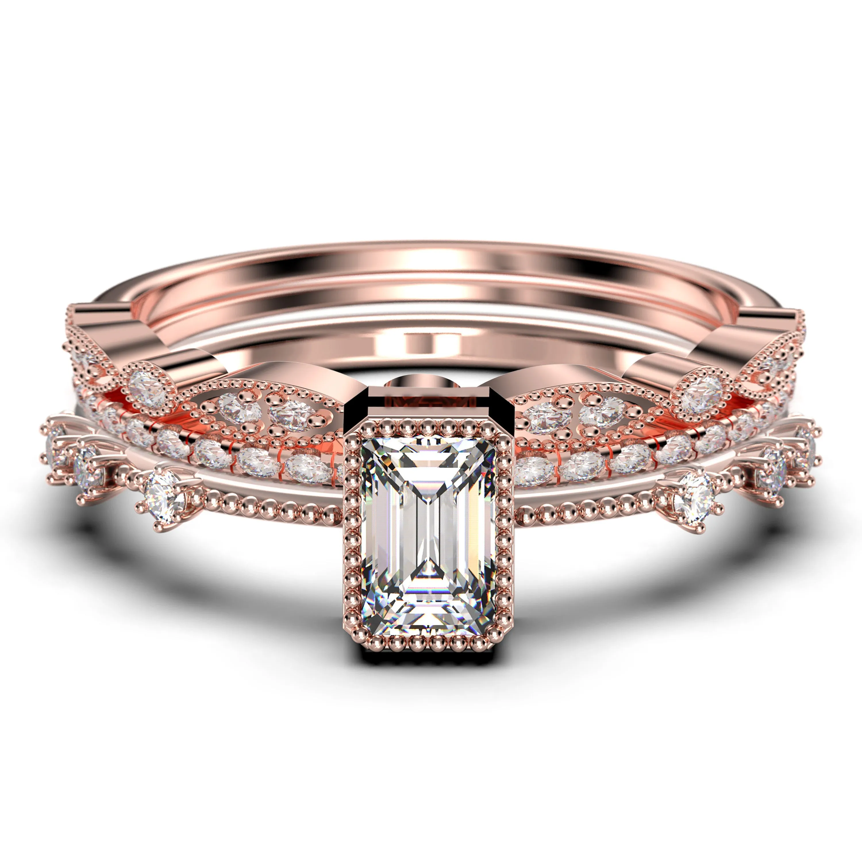 2.25 Carat Emerald
 Cut Diamond Moissanite Thin Engagement Ring, Slim Wedding Ring in 925 Sterling Silver With 18k White Gold
 Plating  Trio Rings Set, Promise Ring, Anniversary Ring