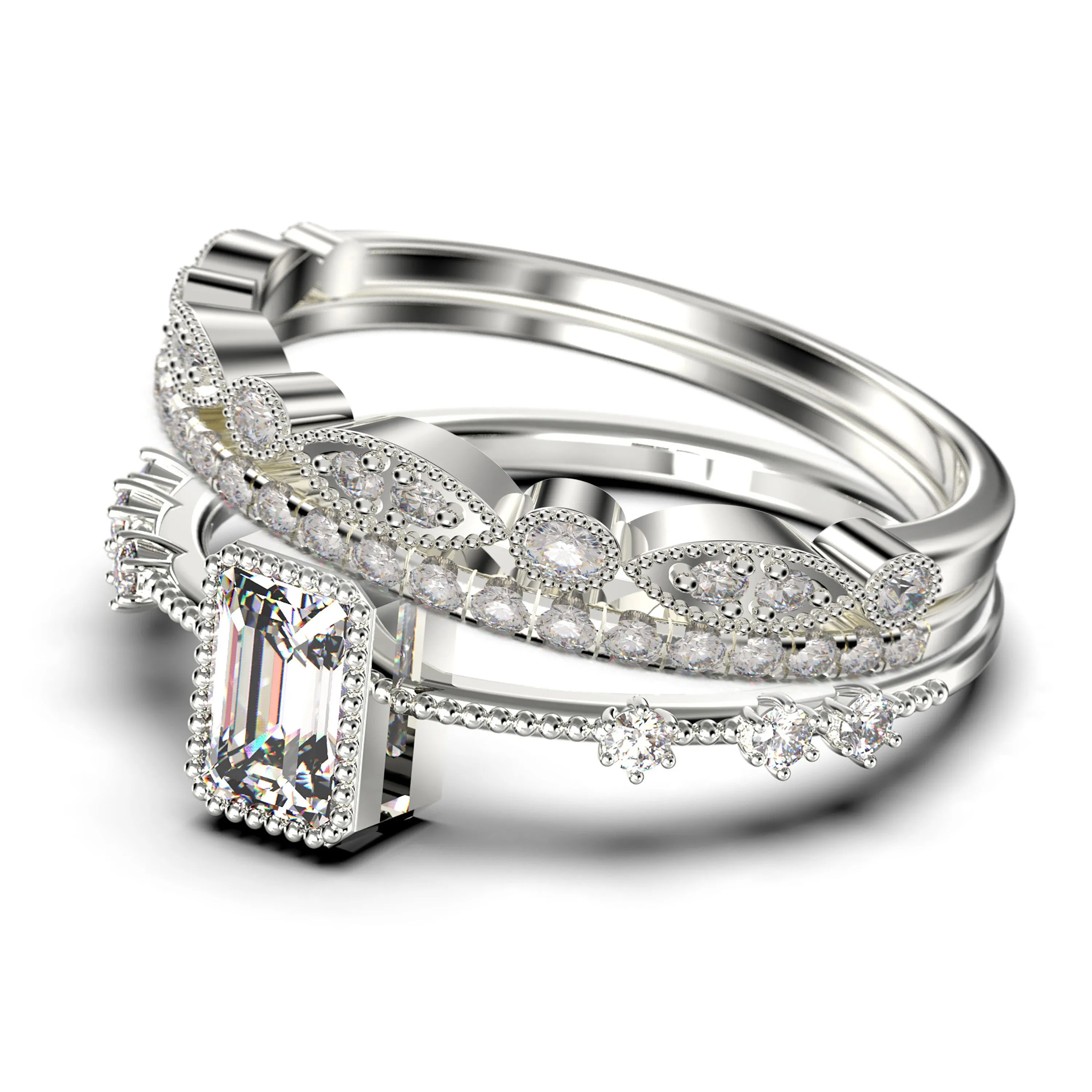 2.25 Carat Emerald
 Cut Diamond Moissanite Thin Engagement Ring, Slim Wedding Ring in 925 Sterling Silver With 18k White Gold
 Plating  Trio Rings Set, Promise Ring, Anniversary Ring
