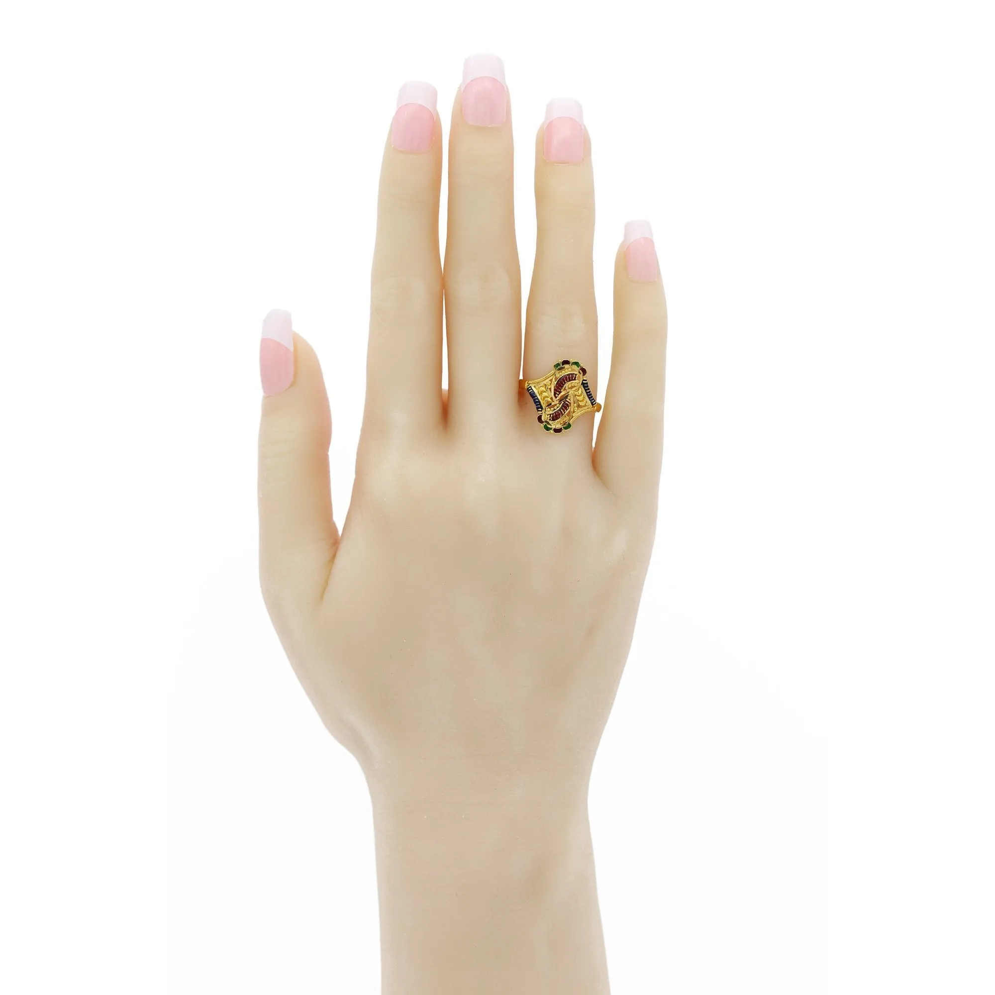 22K Yellow Gold Hand Carved Paisley Enamel Ring