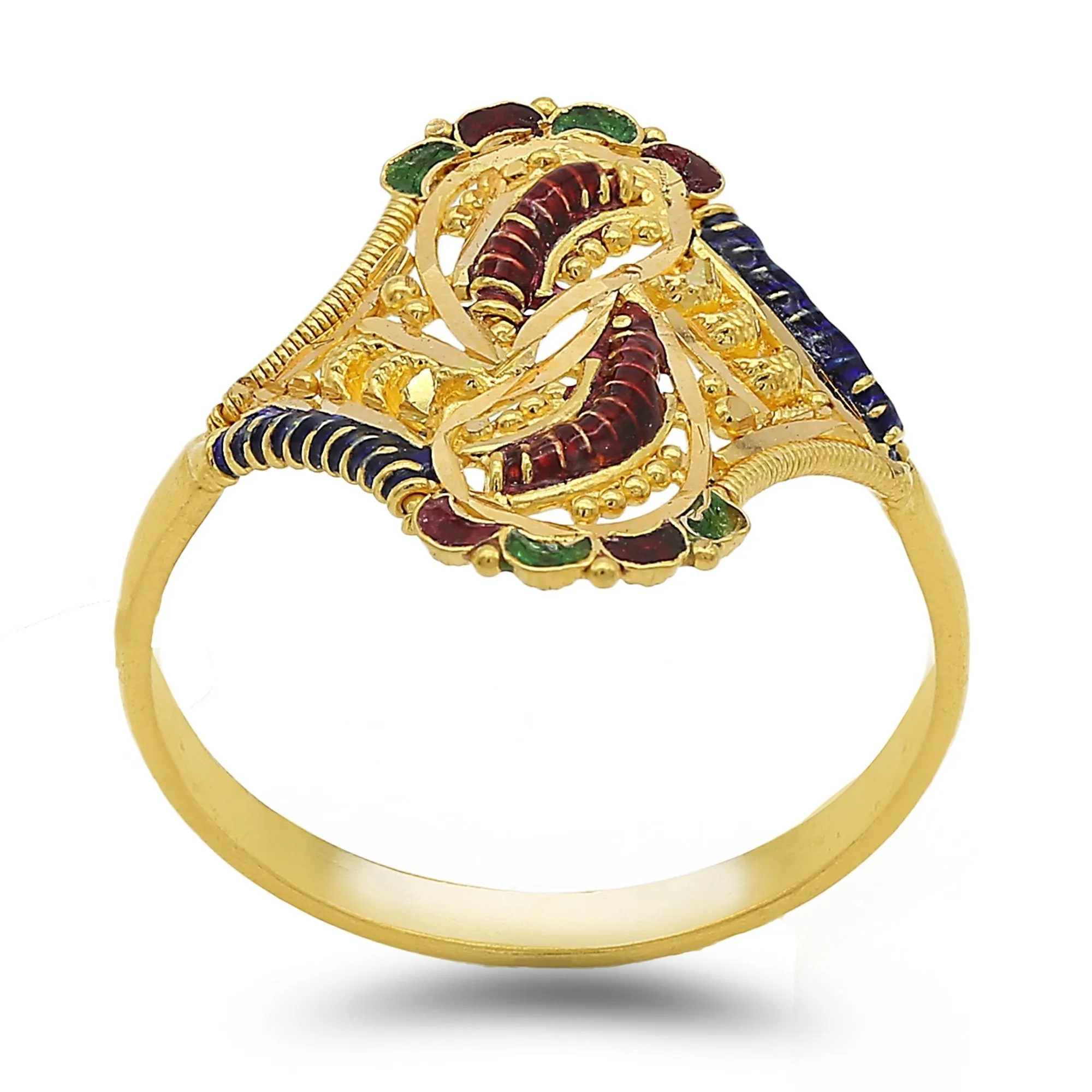 22K Yellow Gold Hand Carved Paisley Enamel Ring