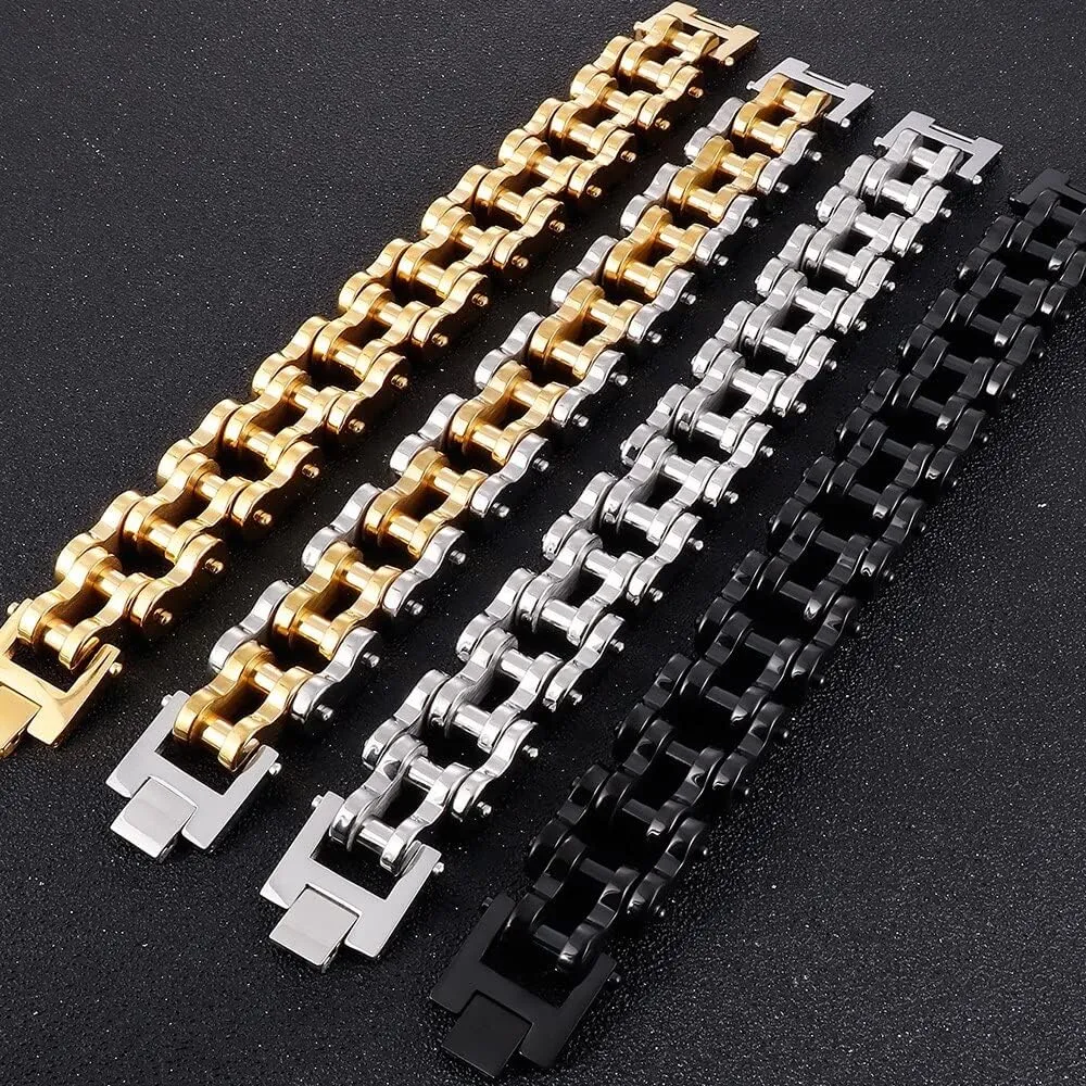 22MM Wide Men's Bike Biker Motorcycle Chain Bracelet Jewelry Solid Stainless steel Bicycle Bracelets & Bangles Man 68999 (Gold Color-23cm)
