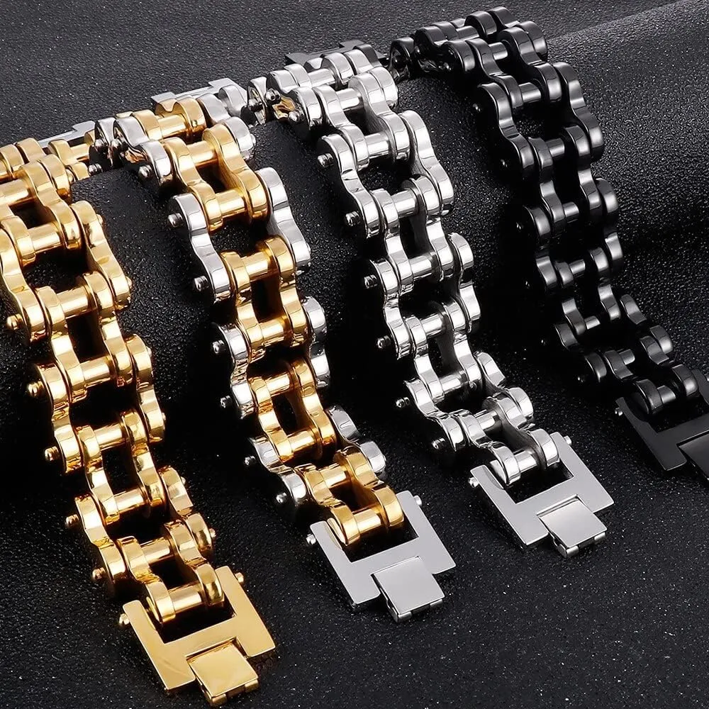 22MM Wide Men's Bike Biker Motorcycle Chain Bracelet Jewelry Solid Stainless steel Bicycle Bracelets & Bangles Man 68999 (Gold Color-23cm)