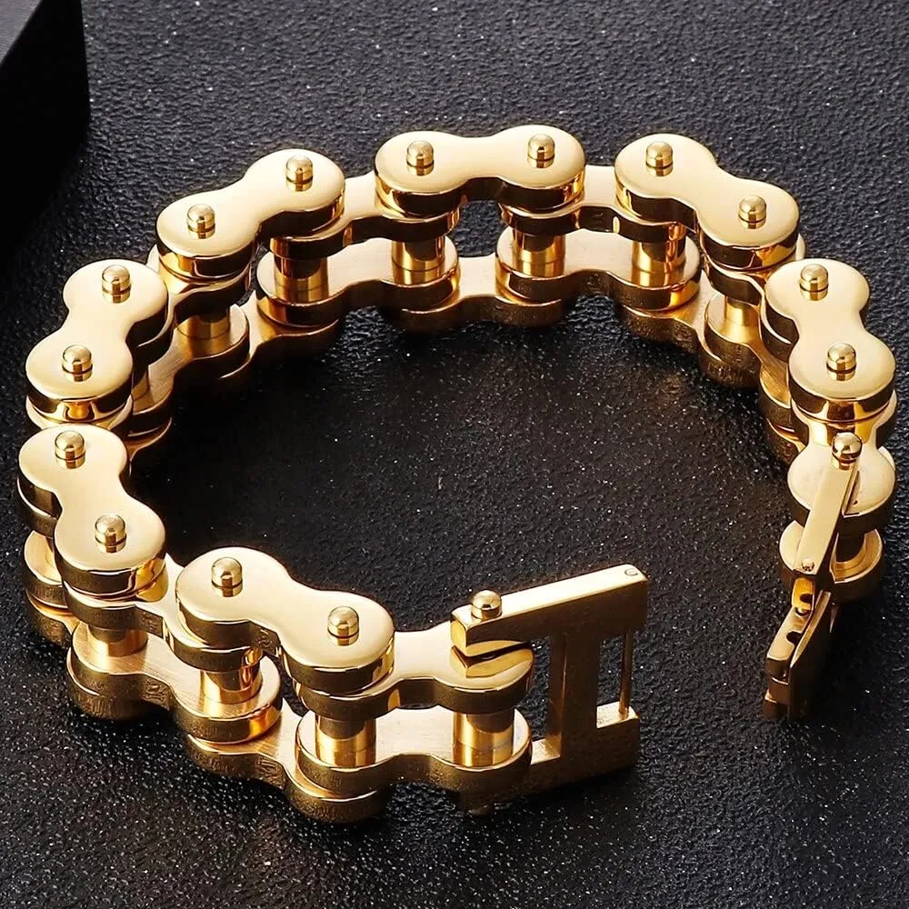 22MM Wide Men's Bike Biker Motorcycle Chain Bracelet Jewelry Solid Stainless steel Bicycle Bracelets & Bangles Man 68999 (Gold Color-23cm)