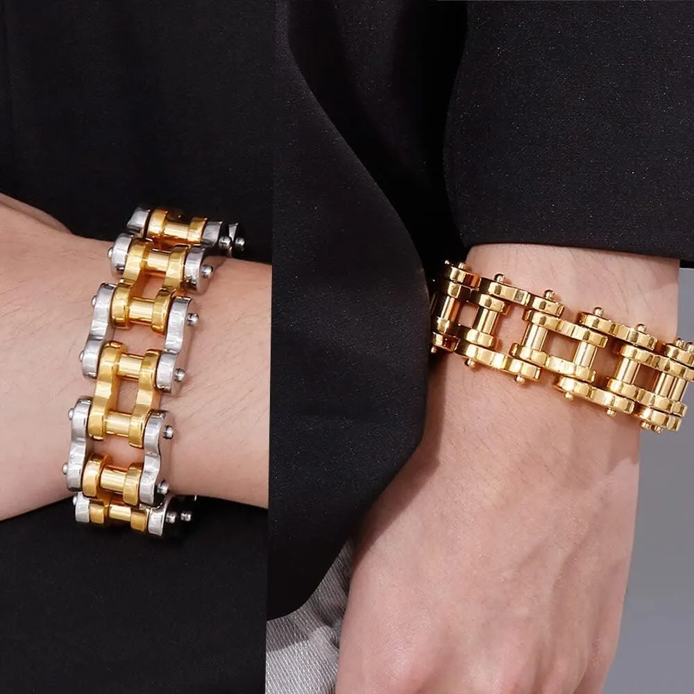 22MM Wide Men's Bike Biker Motorcycle Chain Bracelet Jewelry Solid Stainless steel Bicycle Bracelets & Bangles Man 68999 (Gold Color-23cm)