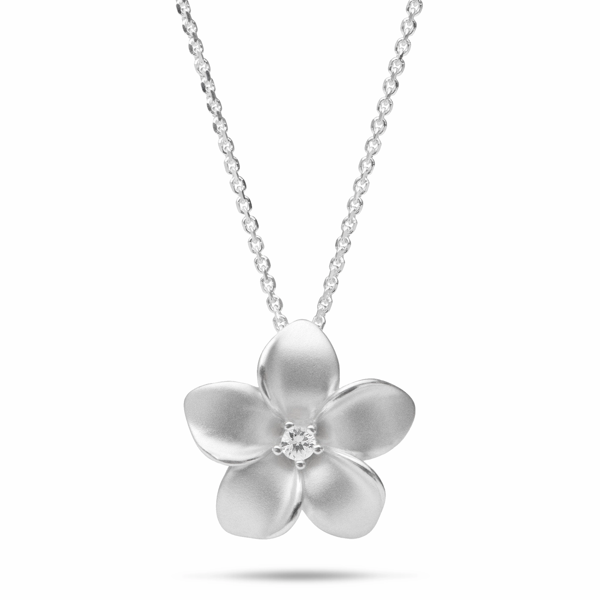24" Adjustable Plumeria White Sapphire Necklace in Sterling Silver - 20mm Camera Mood Bridal Accessory