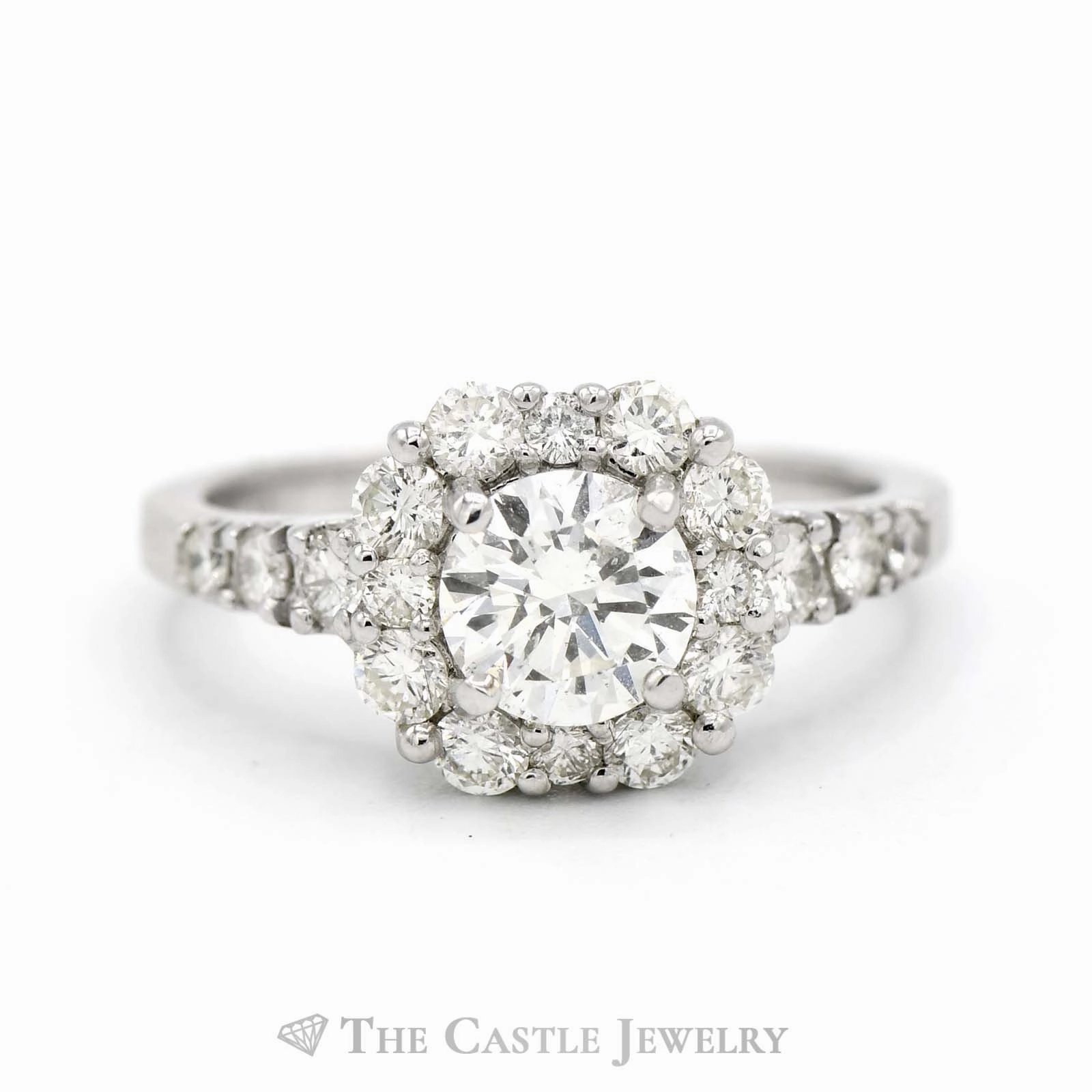 2.05cttw Diamond Engagement Ring with Diamond Halo and Accents in 14k White Gold Statement Piece