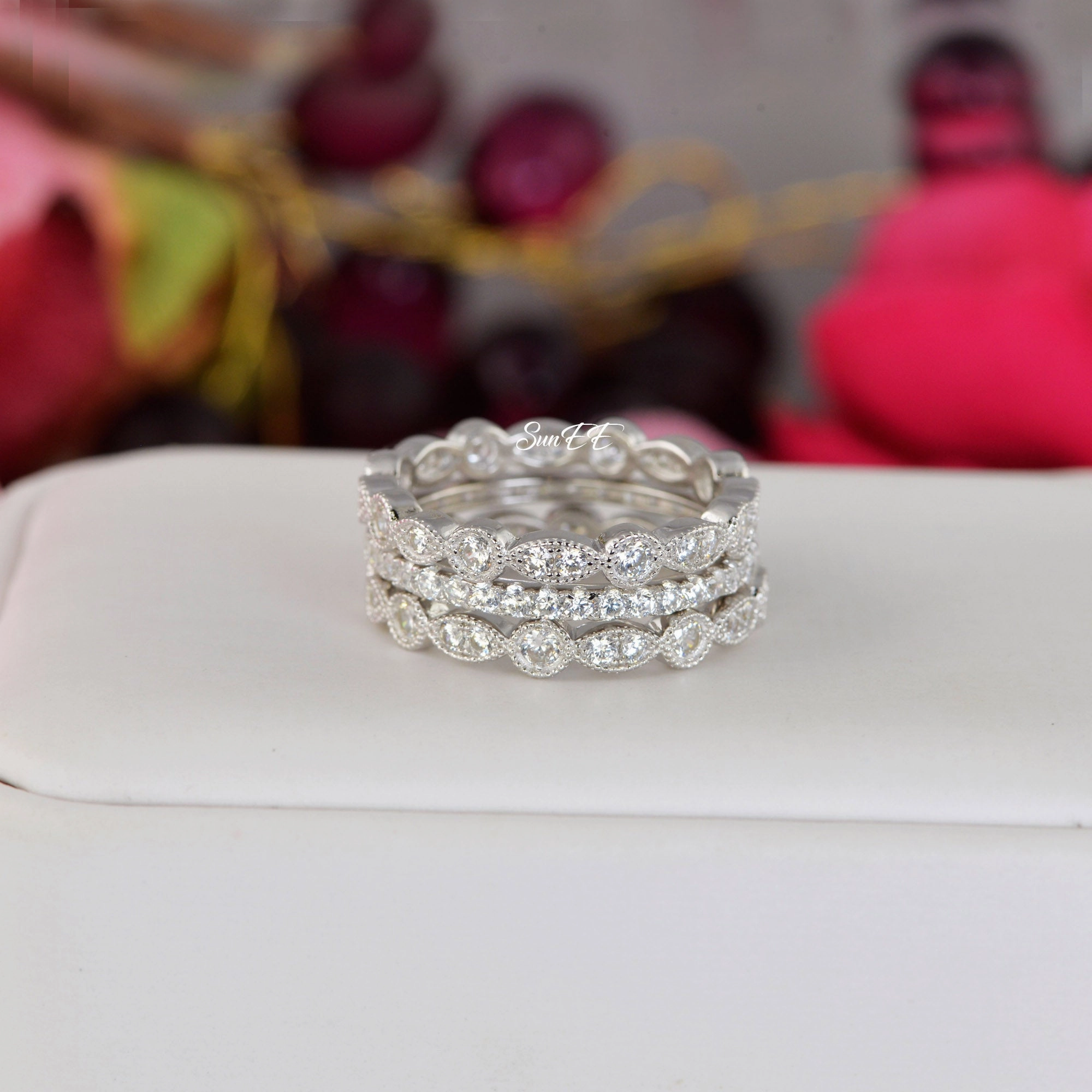 Award winning Eternal Accessory 2.06ct Full Eternity & 2 Art Deco Wedding Band Stack Promise Ring Diamond Simulated 925 Sterling Silver Anniversary Ring SKU:00194