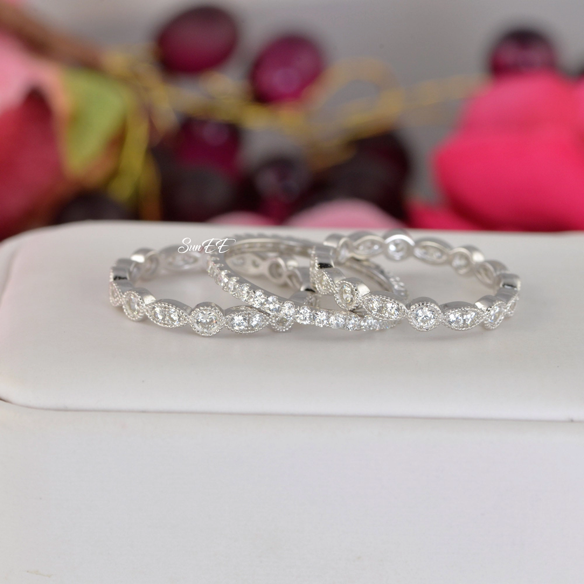 2.06ct Full Eternity & 2 Art Deco Wedding Band Stack Promise Ring Diamond Simulated 925 Sterling Silver Anniversary Ring SKU:00194 Street Fashion