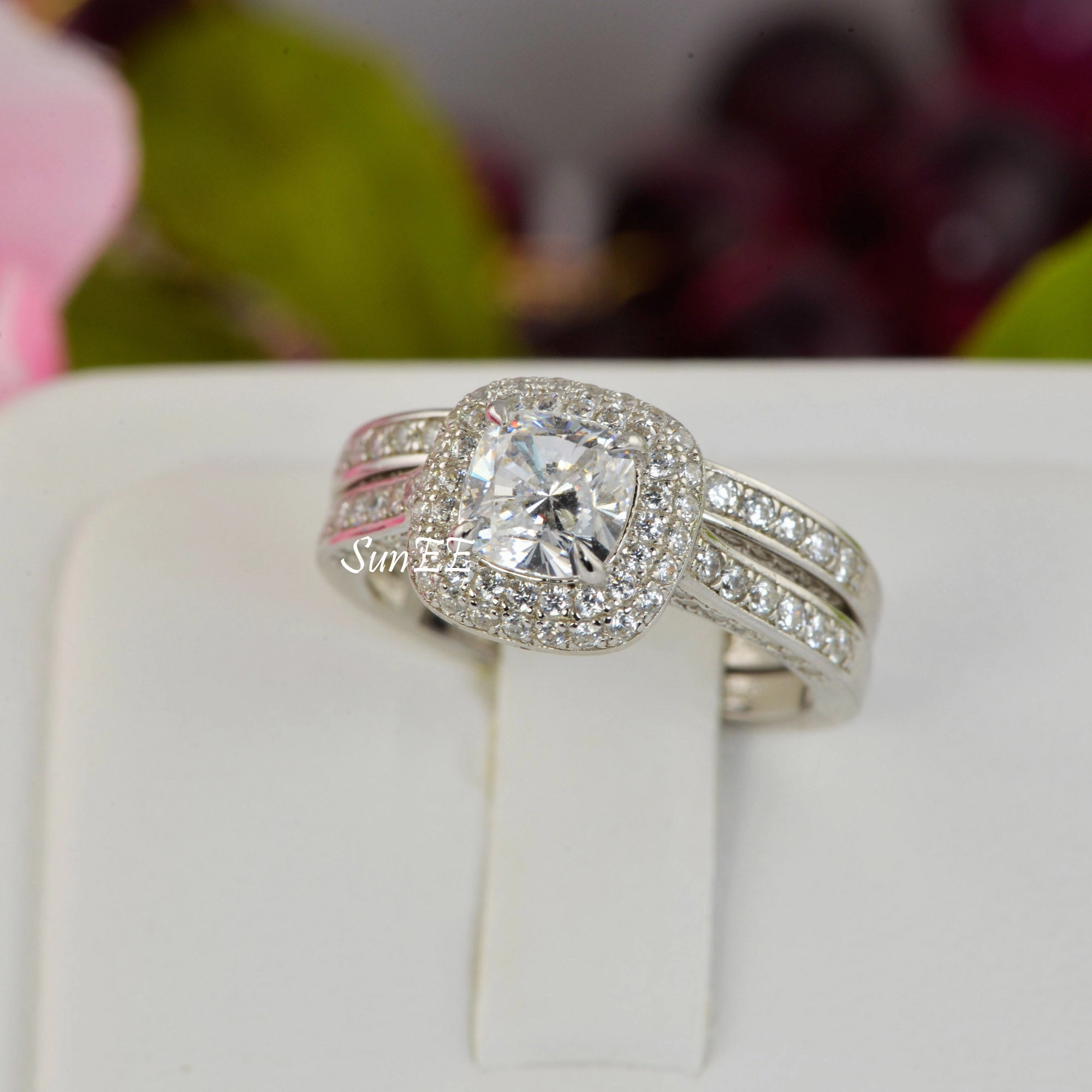 2.09ct Double Halo Cushion Cut with Heart Bridal Wedding Engagement Ring Diamond Simulated 925 Sterling Silver Anniversary Rings SKU:00231 Vivid Present Convenient Style