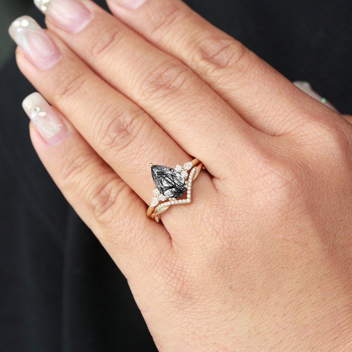 2.0CT Pear Shaped Black Rutilated Quartz Infinity Stacking Ring Set 2pcs Fashion Finish Shimmer Effect